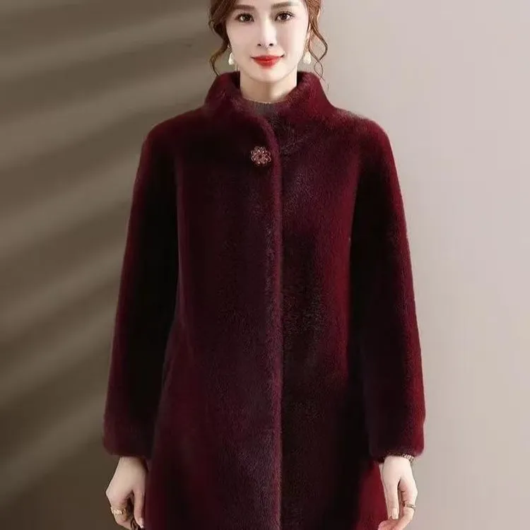 妈妈中长款立领仿水貂绒外套百搭显瘦中老年女大码针织开衫风衣