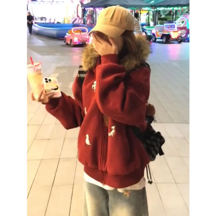 美式复古腊肠狗刺绣毛领加绒卫衣外套女秋冬韩版宽松显瘦红色上衣