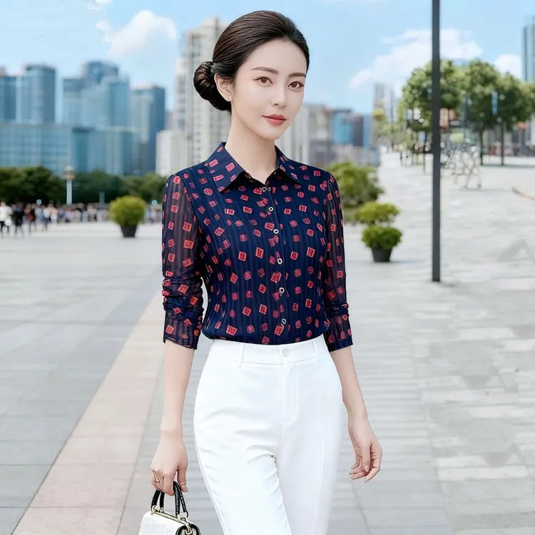 春秋中老年女装台湾网纱修身速干开扣时尚洋气衬衫上衣
