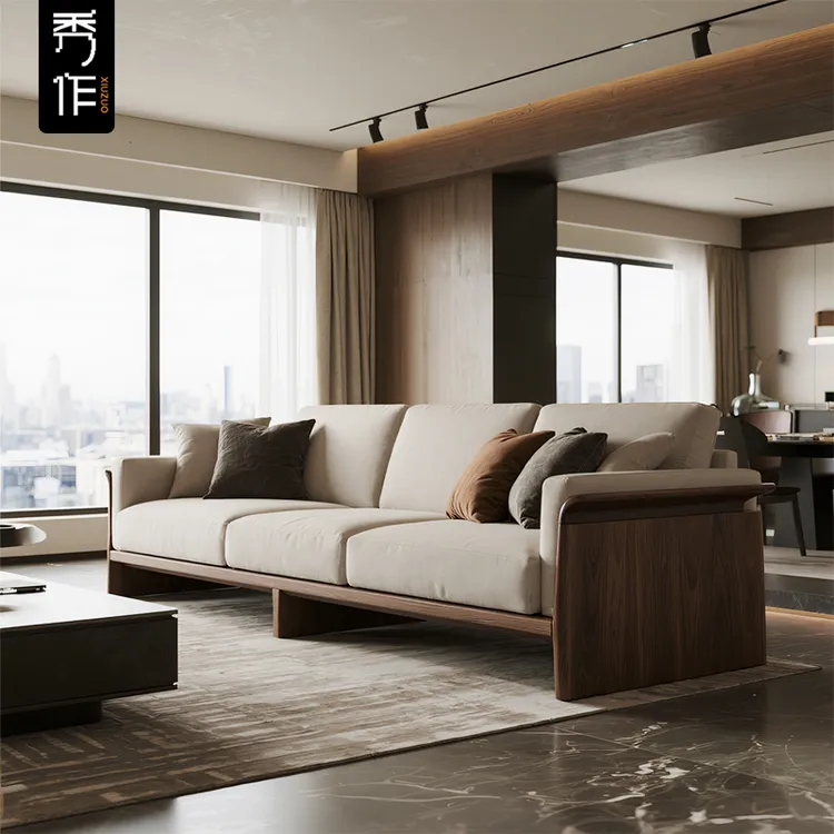北美黑胡桃木实木直排沙发客厅小户型法式中古风极简家用布艺沙发