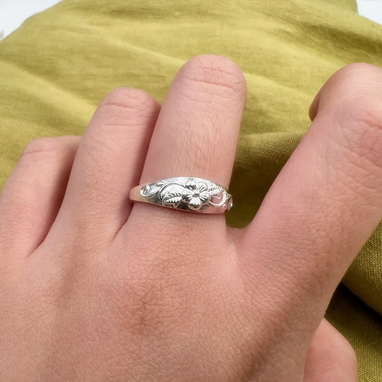 谢家银匠 足银戒指 999纯银老款梅花戒指女   开口素款复古小梅花