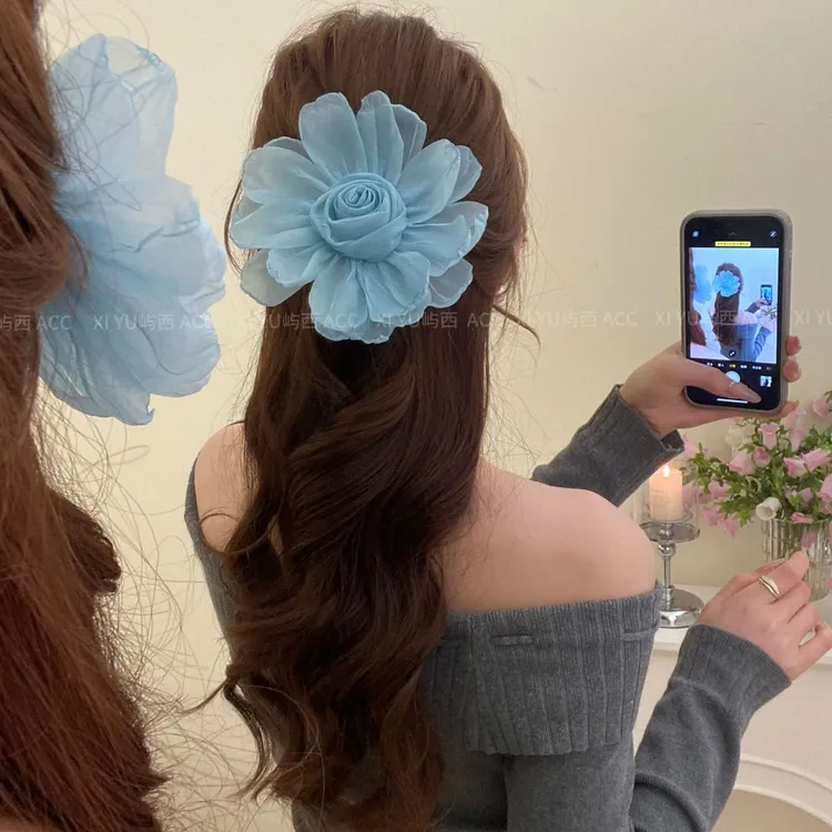 浪漫玫瑰网纱发圈温柔百搭不伤发加宽高弹力发绳韩版春夏新款发饰