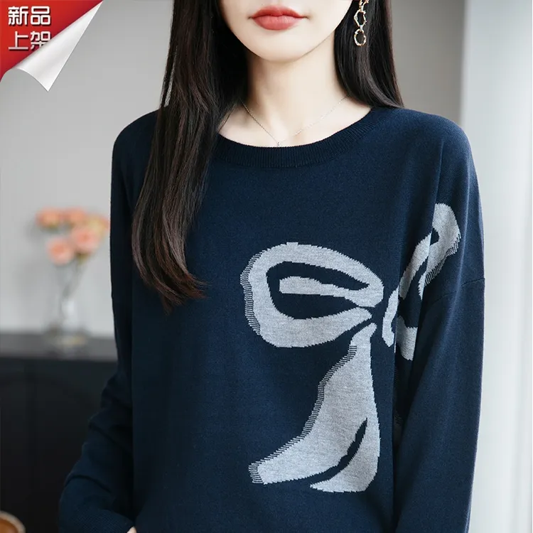 正品哥弟新款冬季精仿羊毛长袖针织衫蝴蝶结提花宽松百搭针织衫女