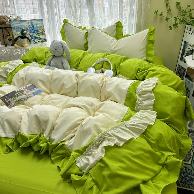奶油绿色韩版花边四件套韩版公主风少女心被套罩床单床笠款三件套