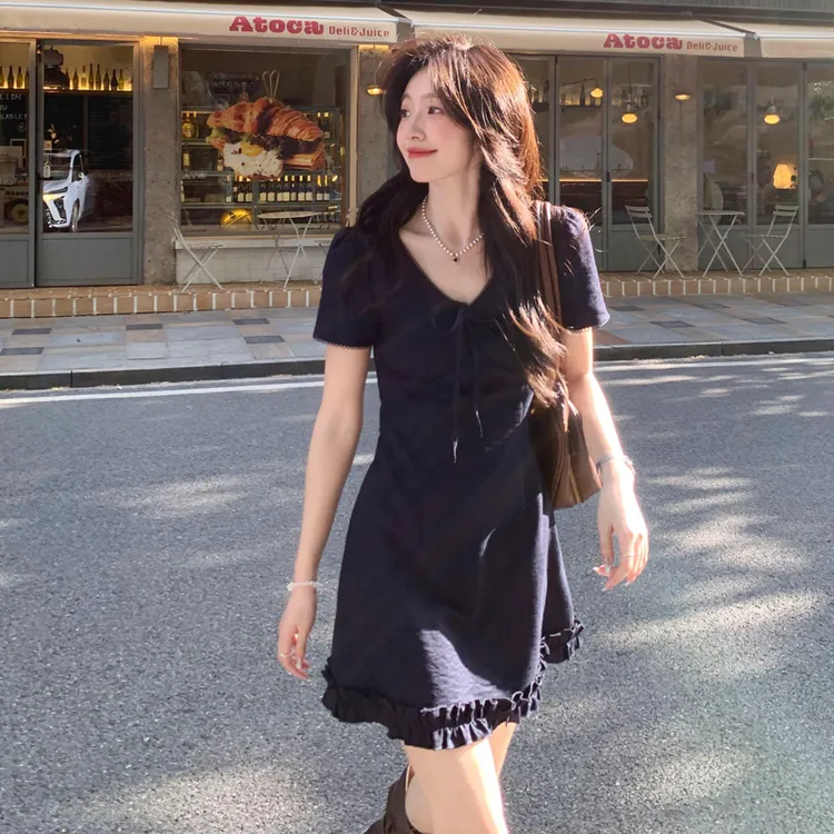 【伦敦夏令时】韩系高智感法式简约V领气质显瘦收腰连衣裙百搭裙子