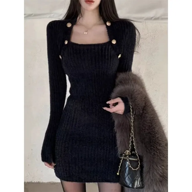 黑色针织连衣裙女秋冬季新款内搭打底毛衣裙修身性感包臀裙子