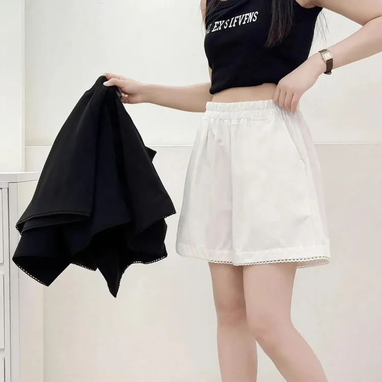 2025夏季新款大码百搭宽松显瘦松紧腰薄款吸汗花边短裤高腰阔腿