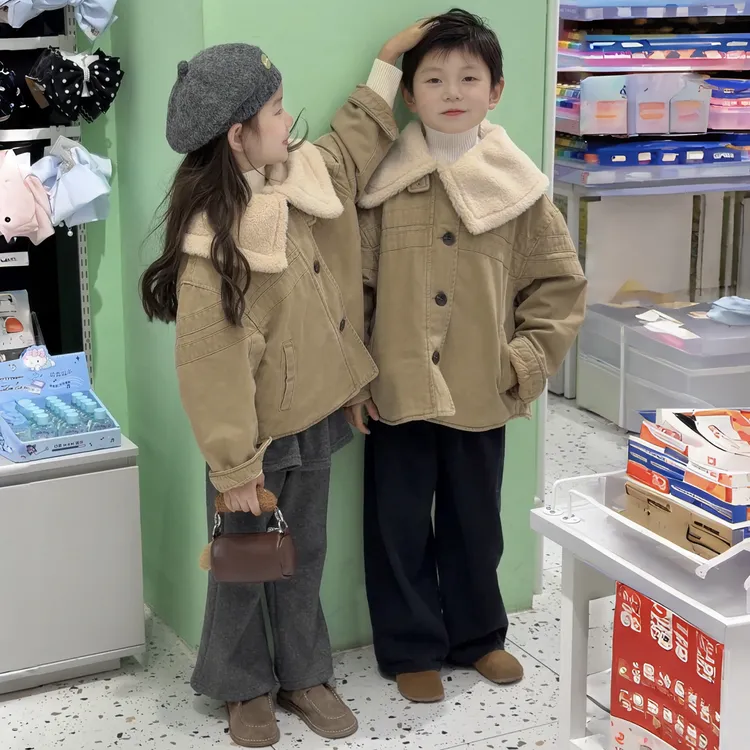 2025秋季新款毛毛大方领时尚女童短款加厚夹夹克夹棉外套