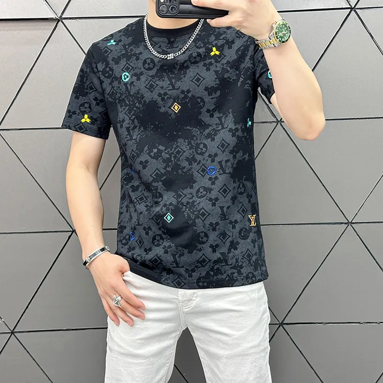 高端男装上衣 2025新款夏季薄款T恤潮牌刺绣印花修身百搭短袖男潮