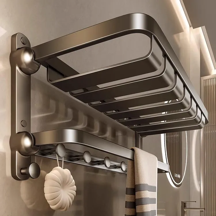 太空铝双层浴巾架浴室壁挂折叠毛巾架免打孔置物收纳卫生间收纳架