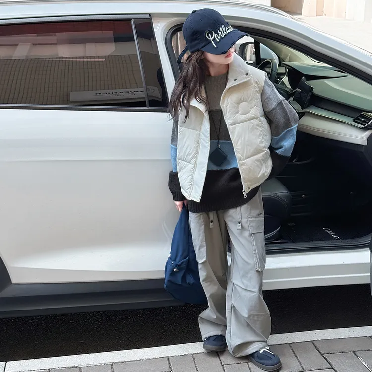 女童夹棉马甲三件套2025秋冬新款儿童中大童洋气毛衣工装裤套装潮