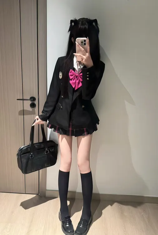 猫看花【双排扣西装】黑色jk制服收腰外套休闲学院风日系秋冬TR加厚