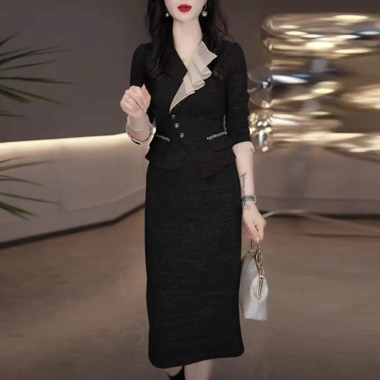 华夫格精纺气质高贵女装2025秋季新款长袖时尚名媛假两件连衣裙子