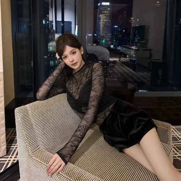 FAY【撩人心弦】纯欲辣妹设计感小众镂空微透视连体内搭长袖上衣