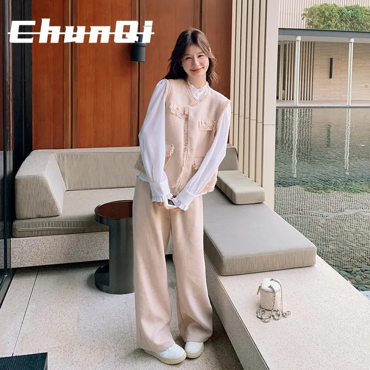 淳启粉色小香风套装女开春超火韩剧穿搭减龄马甲衬衫阔腿裤三件套