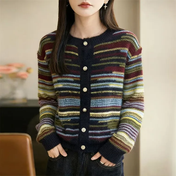 哥弟阿玛施正品秋冬款圆领条纹针织羊毛开衫洋气百搭长袖打底衫女