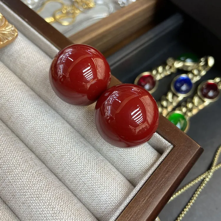 铜合金仿珍珠耳饰 鼎溢安可拉红色大樱桃红珠珠耳钉25mm年新款wr