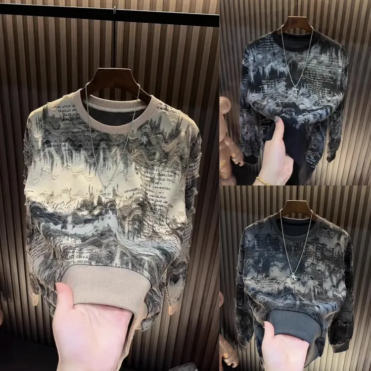 秋冬新款字母印花加绒卫衣男潮流满天星亮闪破洞圆领休闲轻奢上衣