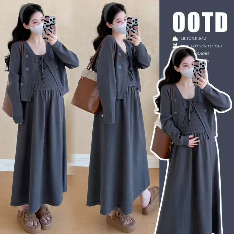 孕妇装2025春秋新款法式气质开衫+吊带连衣裙时尚减龄两件套