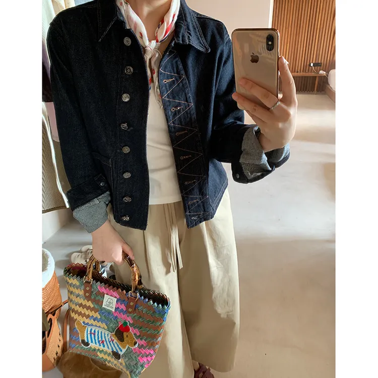 花总吖【经典骑士】初秋新款经典翻领复古短款牛仔外套R425X16609