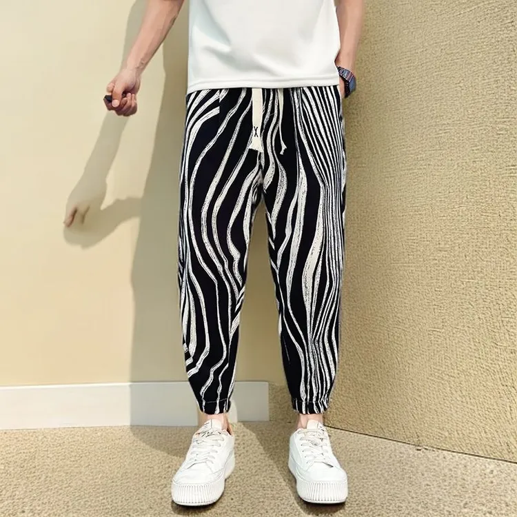 男士夏季薄款裤子潮牌痞帅条纹冰丝九分裤2025新款时尚束脚休闲裤