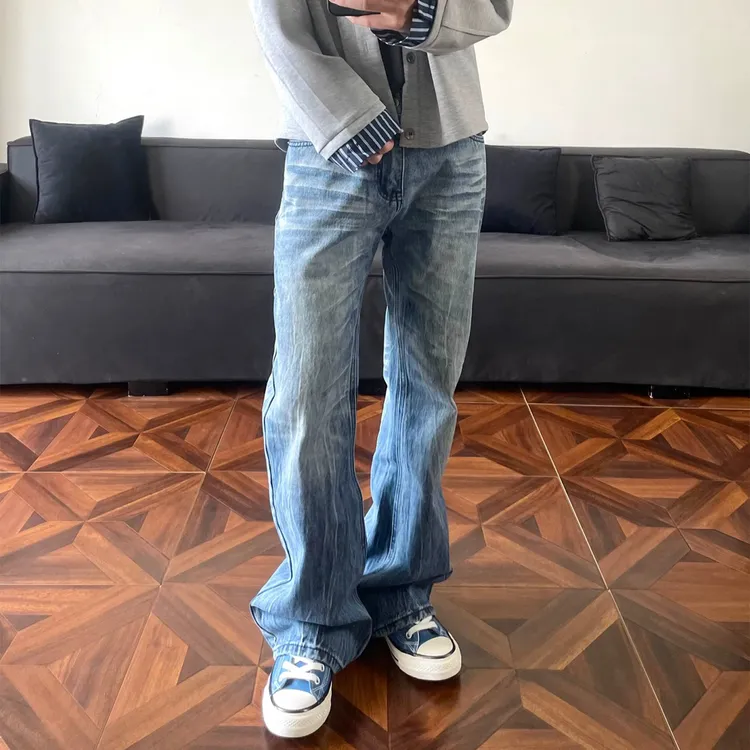 Timeless Gent闪电纹冰蓝牛仔 必入重工水洗纹竹节直筒微喇牛仔裤