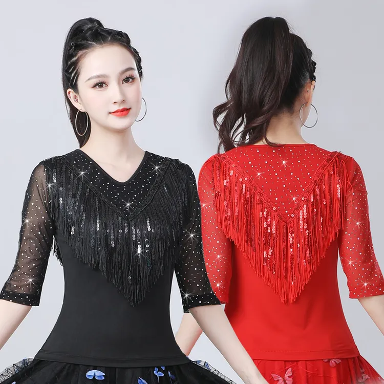 2025春季新款广场舞服装拉丁舞演出中袖上衣比赛练功服短袖国标舞