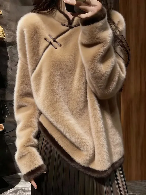 棕色新中式盘扣拼色针织衫女2025年冬季新款慵懒宽松时尚高端上衣