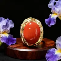 天然南红设计师款精工镶嵌巨无霸大戒指S925银
