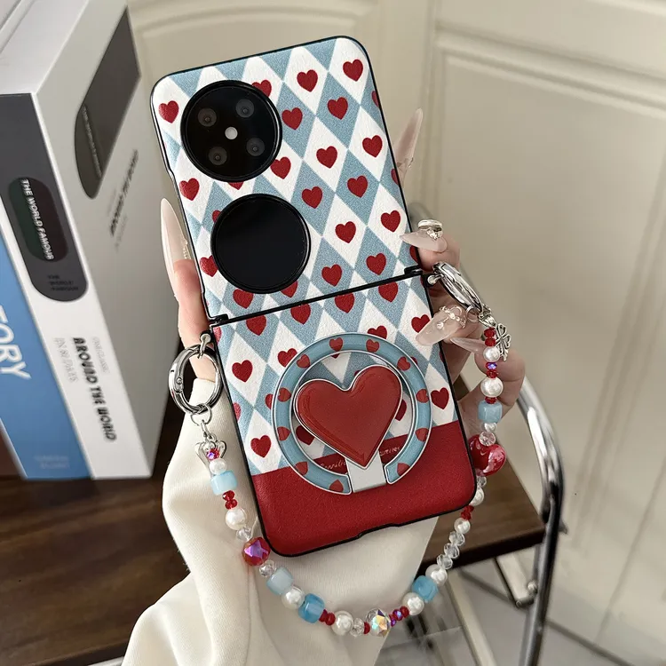 秋冬皮纹复古爱心磁吸支架适用华为pocket2手机壳purax包中轴手提