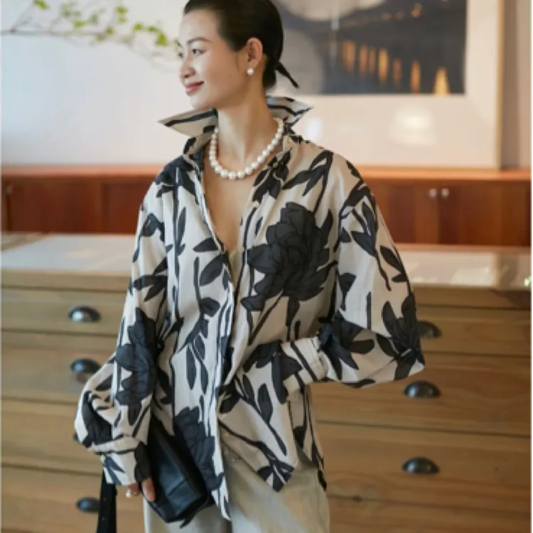 B*法式丝绵复古花卉长袖衬衫气质宽松百搭木兰花通勤衬衫
