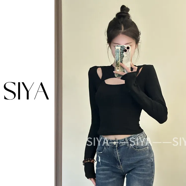 【SIYA】辣妹设计感镂空长袖圆领T恤女修身内搭打底衫上衣