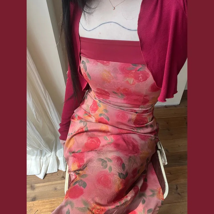 Lam muimui【春花宴】复古显瘦印花吊带裙修身中长款连衣裙气质夏季