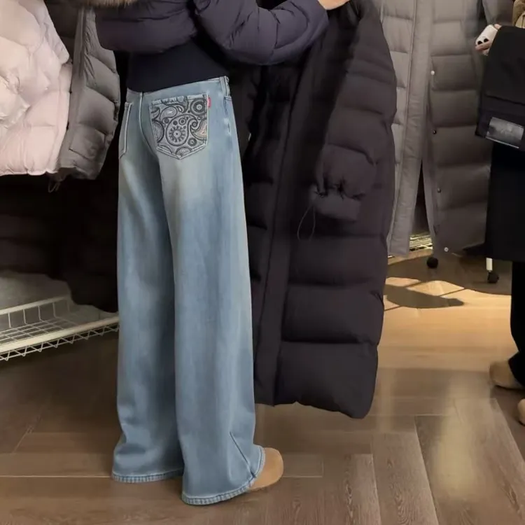 宿慕SUMU新款时尚加绒加厚阔腿牛仔裤11-17冬季百搭直筒裤35096