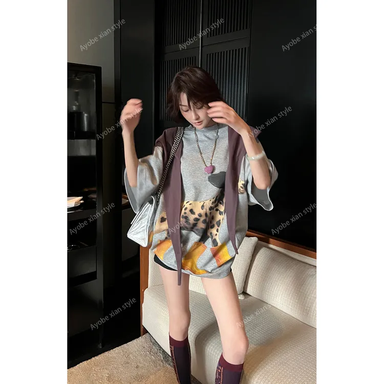 AYOBE小贤/小狗踏黄靴  童真趣味可爱休闲时髦宽松印花T恤两件套