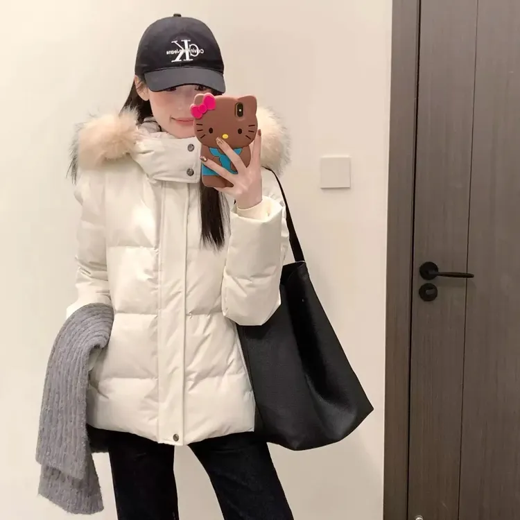 收腰棉服女2025年新款短款大毛领修身小个子棉衣加厚冬季外套