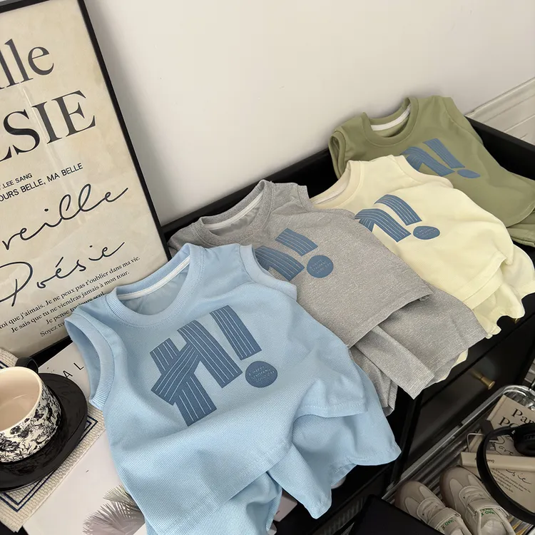 儿童背心套装夏季华夫格短裤男童小童夏装衣服童装薄款休闲无袖