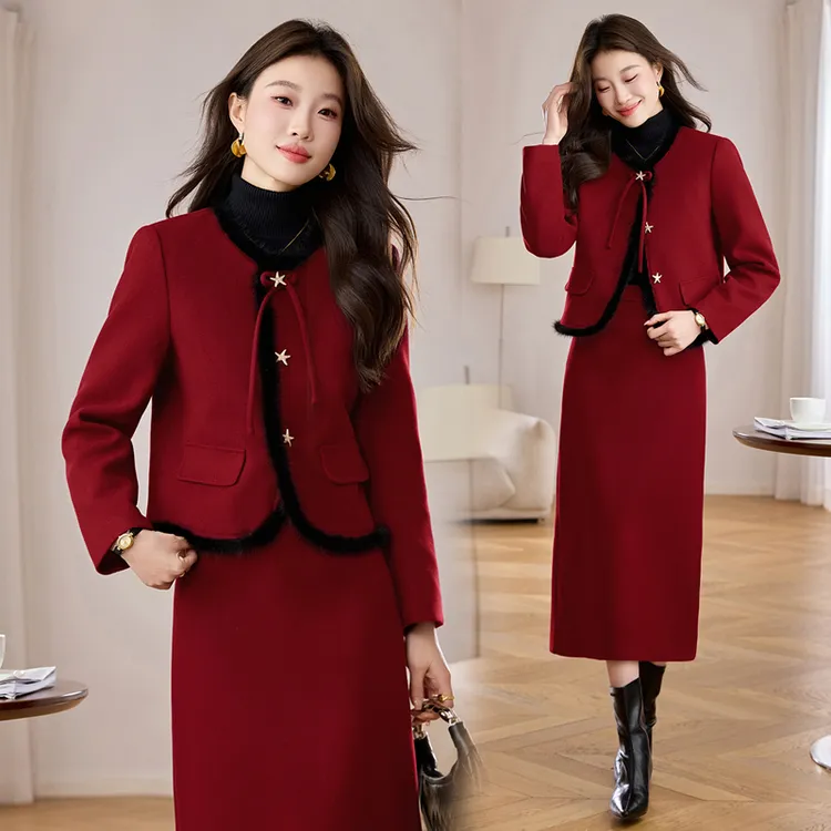 小香风优雅风法式时尚套装加棉外套时尚毛呢红色包臀裙洋气秋冬