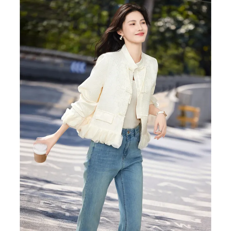 尚静新中式名媛千金风提花短外套2025春季新款袖口拼接花边下摆