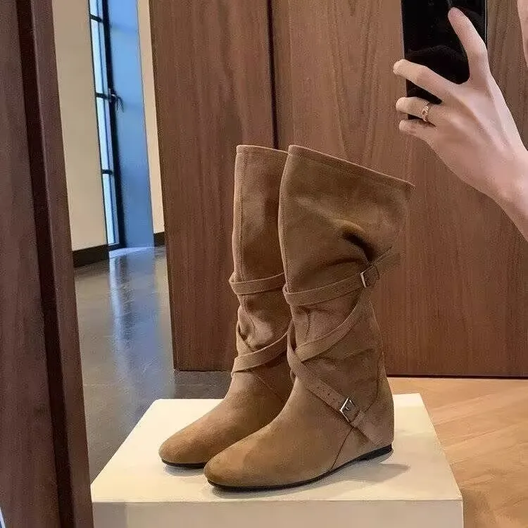 美拉德秋冬长筒靴子女爆款2025新款洋气堆堆靴中筒百搭内增高女靴