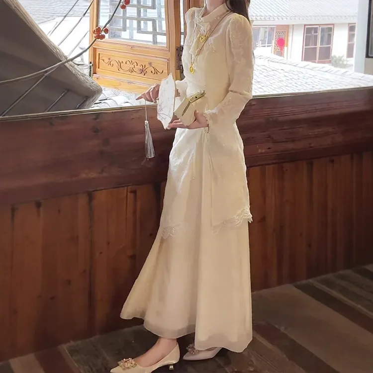 A143+A144新中式国风旗袍胖mm披肩上衣吊带连衣裙禅意温柔两件套