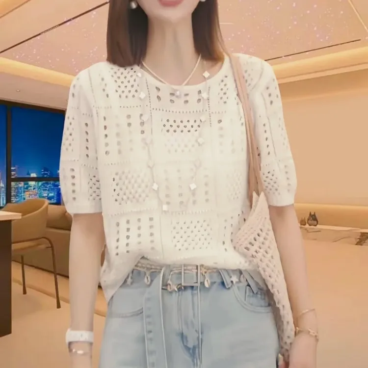 宽松显瘦镂空薄款短袖针织衫女2025夏季简约休闲气质时尚洋气上衣