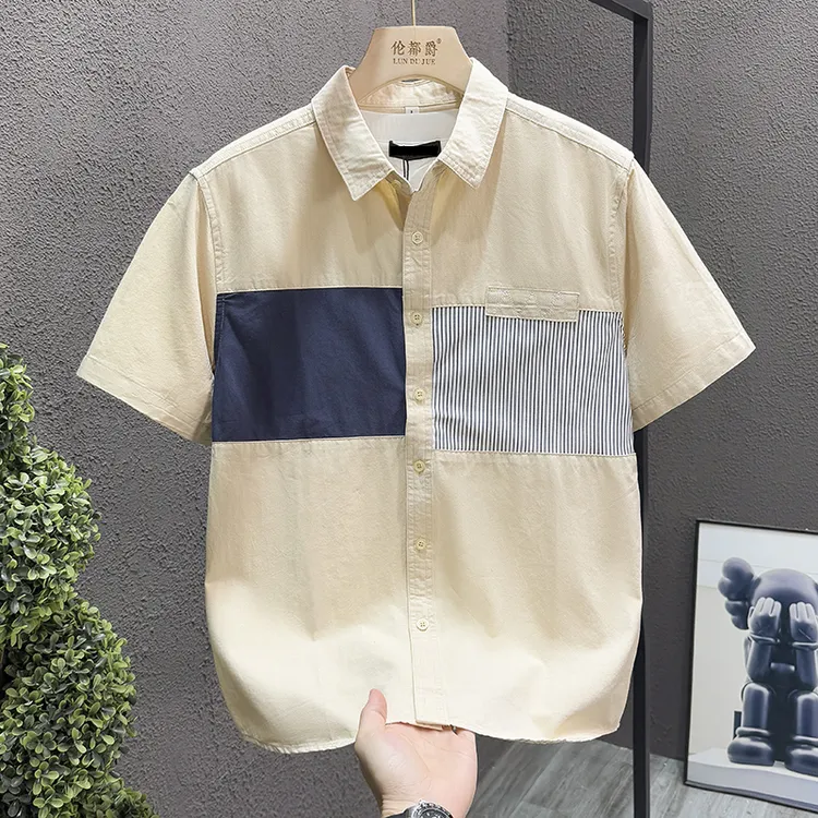 轻奢日系清新撞色短袖衬衫痞帅高级感男装时尚文艺宽松衬衣上衣潮