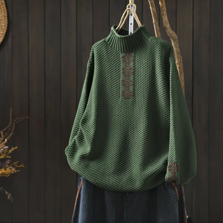 费尔岛毛衫2025冬新款女款半高领复古绿色棉线针织宽松套头毛线衣