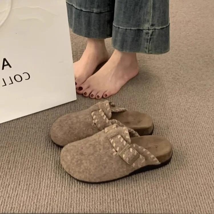 勃肯拖鞋休闲浅口包头拖2025新款复古外穿一脚韩版厚底毛毡雪地靴