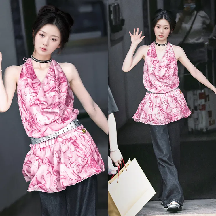 Miss Judy【含腰带】田曦薇同款法式印花V领显瘦无袖连衣裙两穿裙子