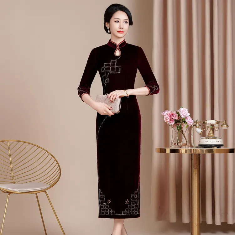 秋冬新款修身改良丝绒旗袍女高级F113喜婆婆喜妈妈敬酒服长款6XL