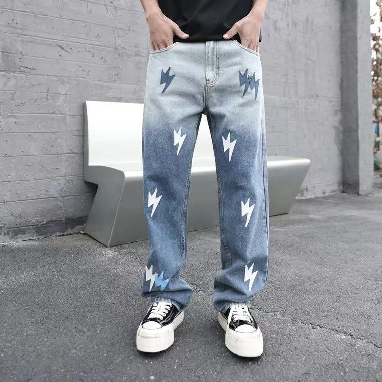 GOUO闪电牛弹力修身蓝白贴皮高盎司牛仔裤男士宽松美式潮牌休闲裤