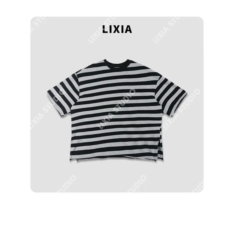 LIXIA【独具一格】ins风时尚潮款条纹宽松纯棉舒适T恤-D8687