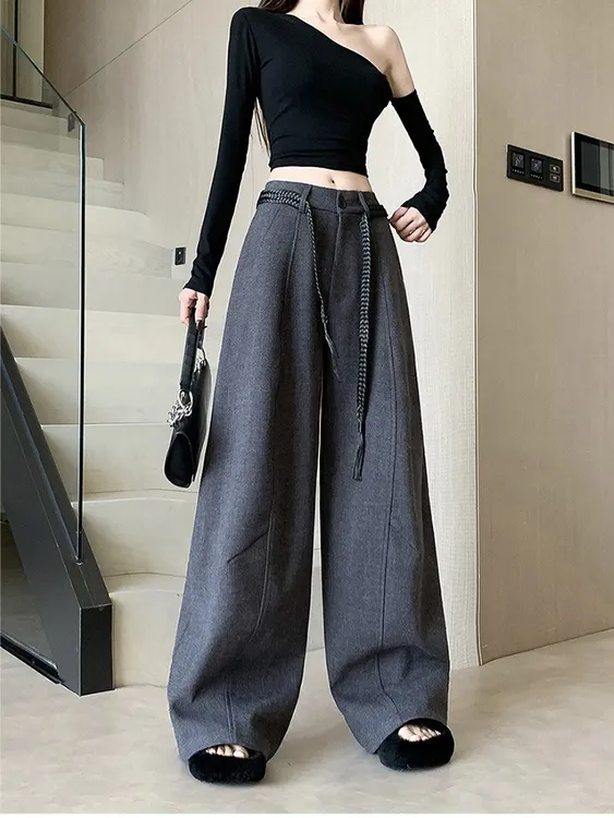 加绒毛呢弯刀阔腿拖地休闲裤25秋冬百搭高腰宽松显瘦垂感裤L1053